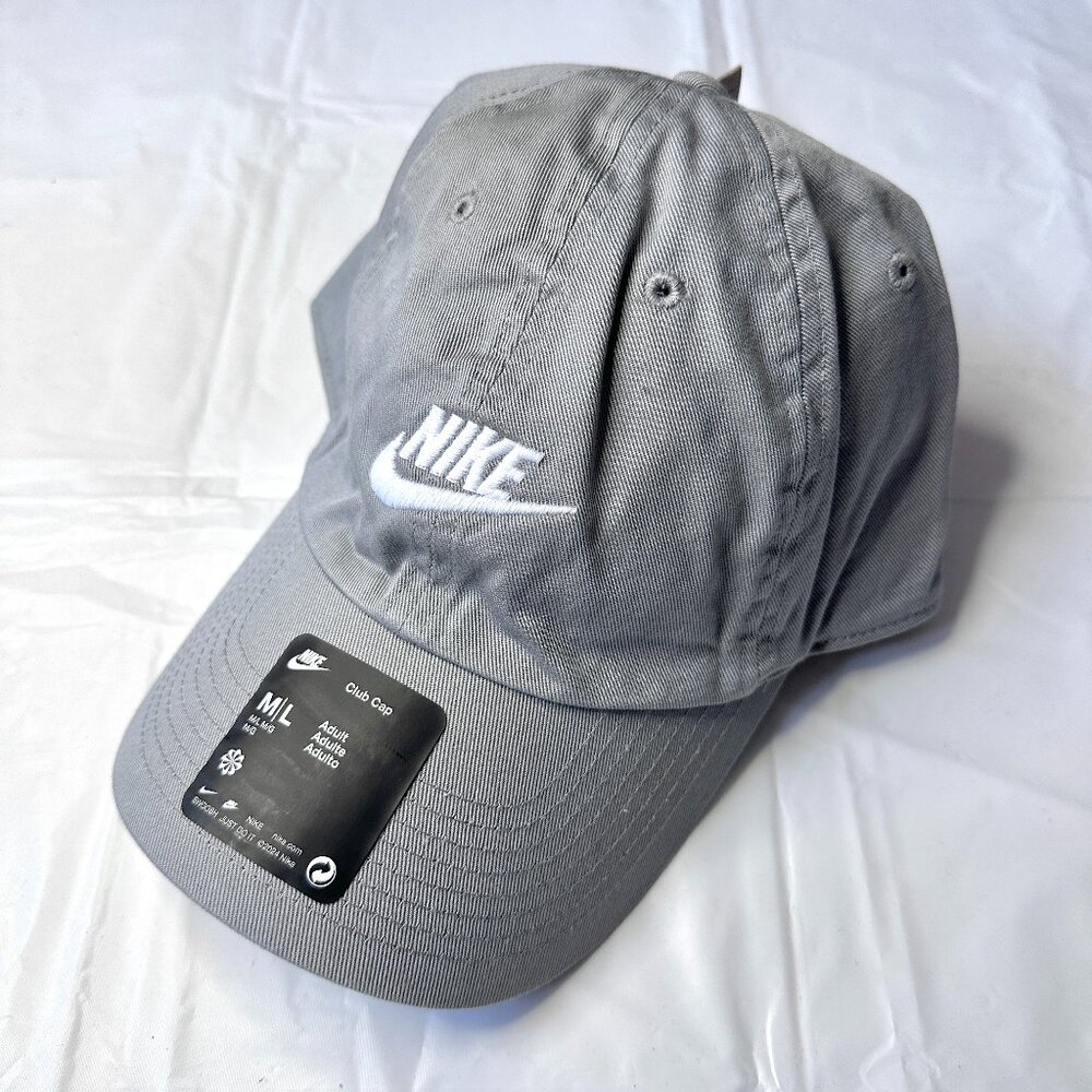NEW NIKE Originals Club Gray Sport Cap Adjustable Hat M/L Swoosh Athletic Logo